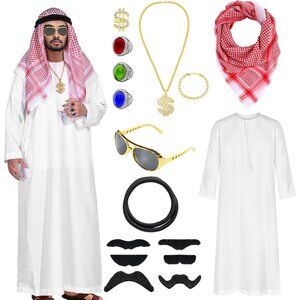 Arab Costume Shemagh Keffiyeh Scarf Arabian Costume Sheik Robe Halloween Men's M